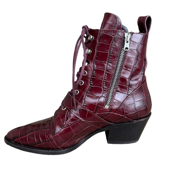 All Saints Katy Croc-Embossed Boots in Bordeaux Croc Leather US 7 - Picture 7 of 13